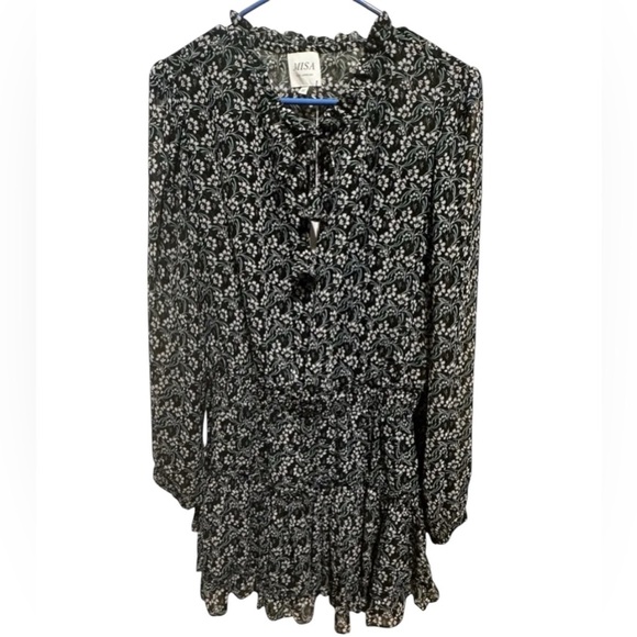 Misa Los Angeles Dresses & Skirts - MISA Los Angeles Black Floral Mini Dress Split Neck Blouson Tiered Ruffle Sz M